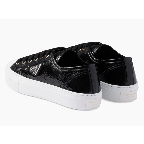 Prada Smash Naplak Black White Patent Logo Flat Low Top Trainer Sneaker 39 - Picture 14 of 16